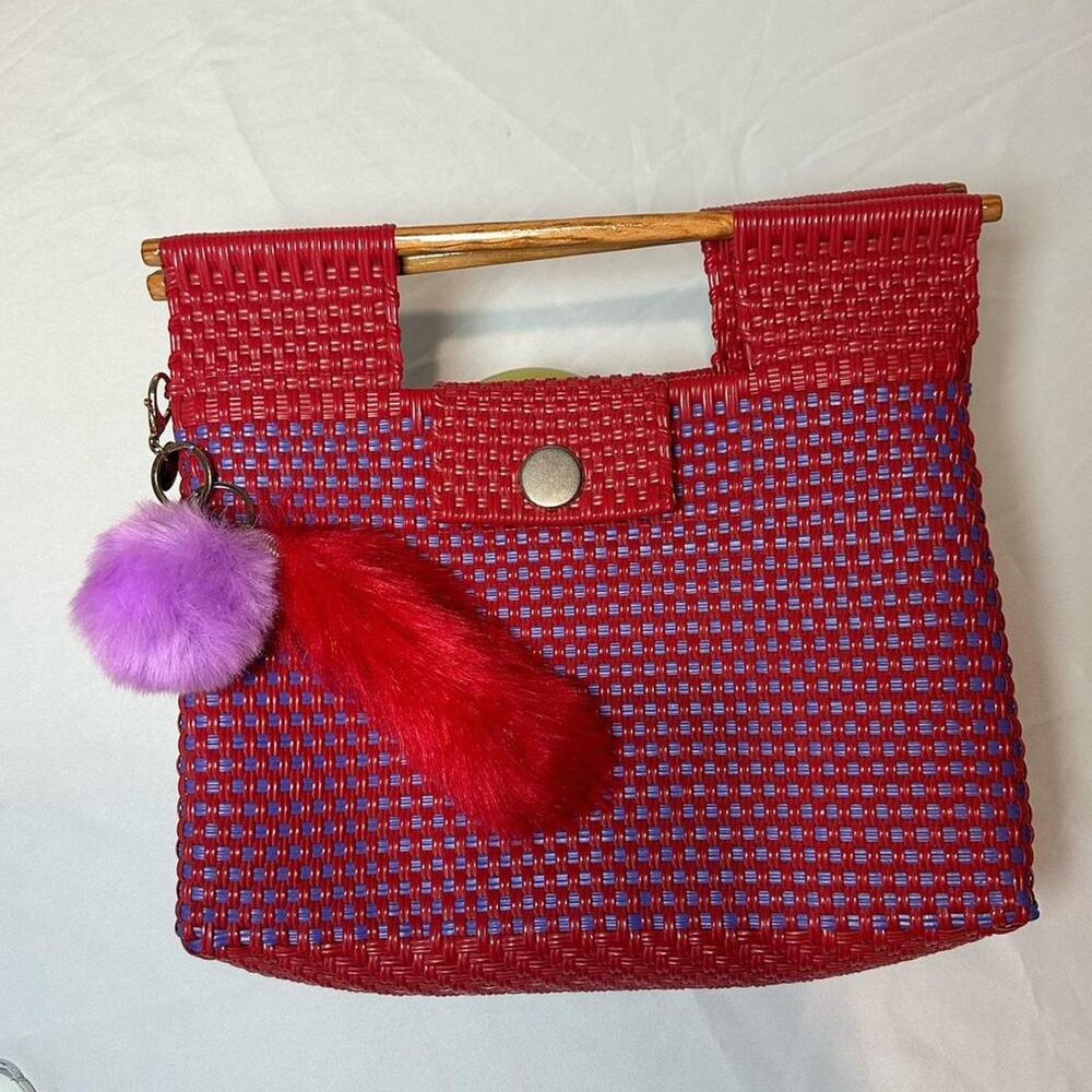 Vibrant red blue artisan Handwoven tote